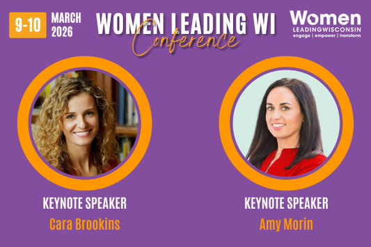 A promotional graphic for the "Women Leading WI Conference" scheduled for March 9–10, 2026. The purple background features two circular portraits of keynote speakers. On the left is Cara Brookins, smiling with curly hair, labeled "Keynote Speaker" in white text and her name in orange. On the right is Amy Morin, wearing a red top, also labeled "Keynote Speaker" with her name in orange.