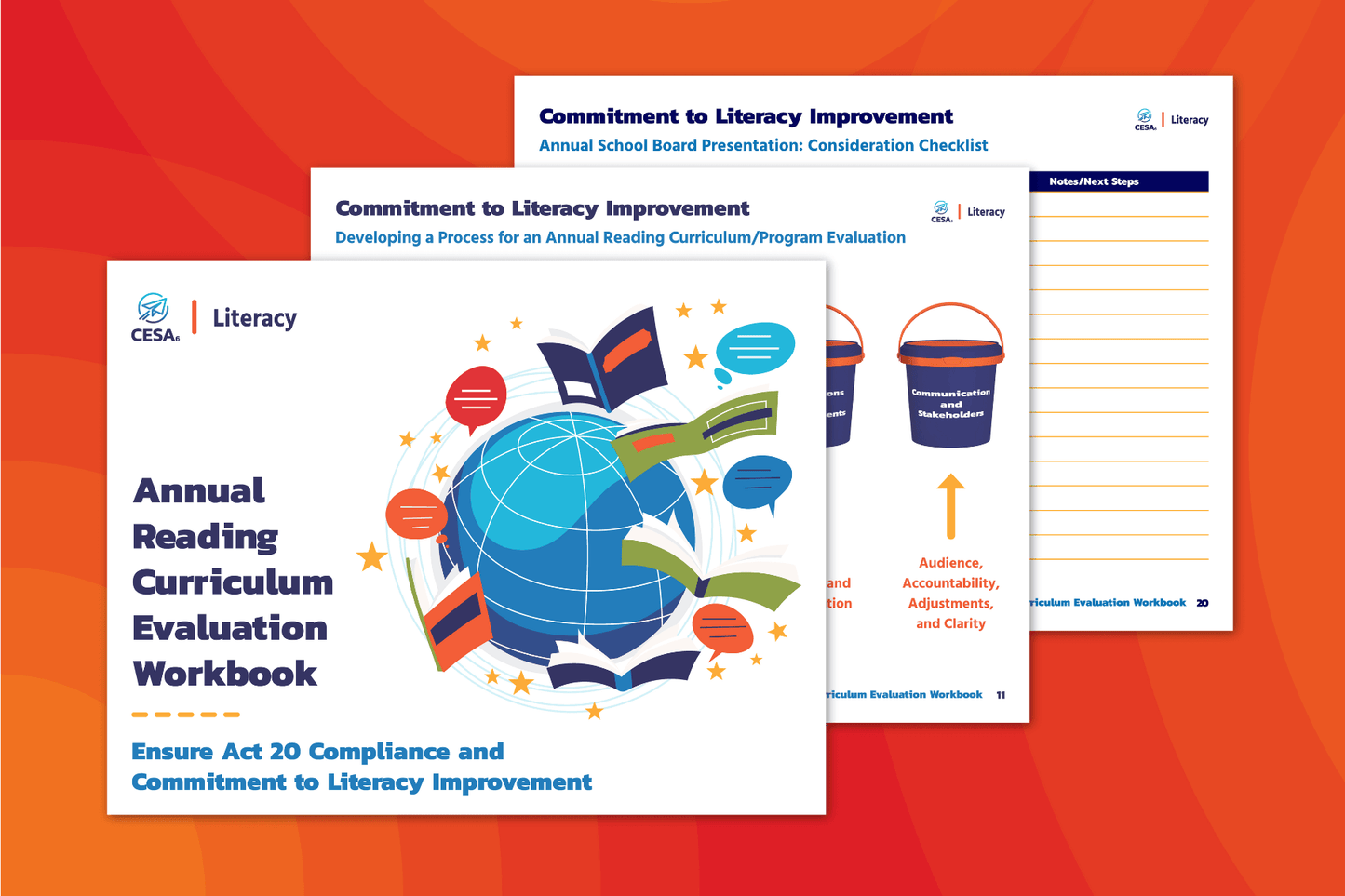 A promotional graphic features three overlapping pages from the Annual Reading Curriculum Evaluation Workbook by CESA 6 Literacy. The front cover prominently displays a blue globe with open books and colorful speech bubbles orbiting it. The title reads: “Annual Reading Curriculum Evaluation Workbook – Ensure Act 20 Compliance and Commitment to Literacy Improvement.”
