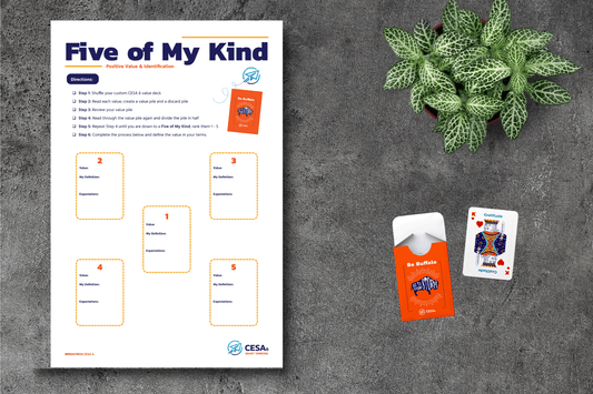 A "Five of My Kind" worksheet with instructions and spaces for defining values, alongside a deck of "Be Buffalo" cards and a Gratitude card from the deck. A small plant is visible in the background.