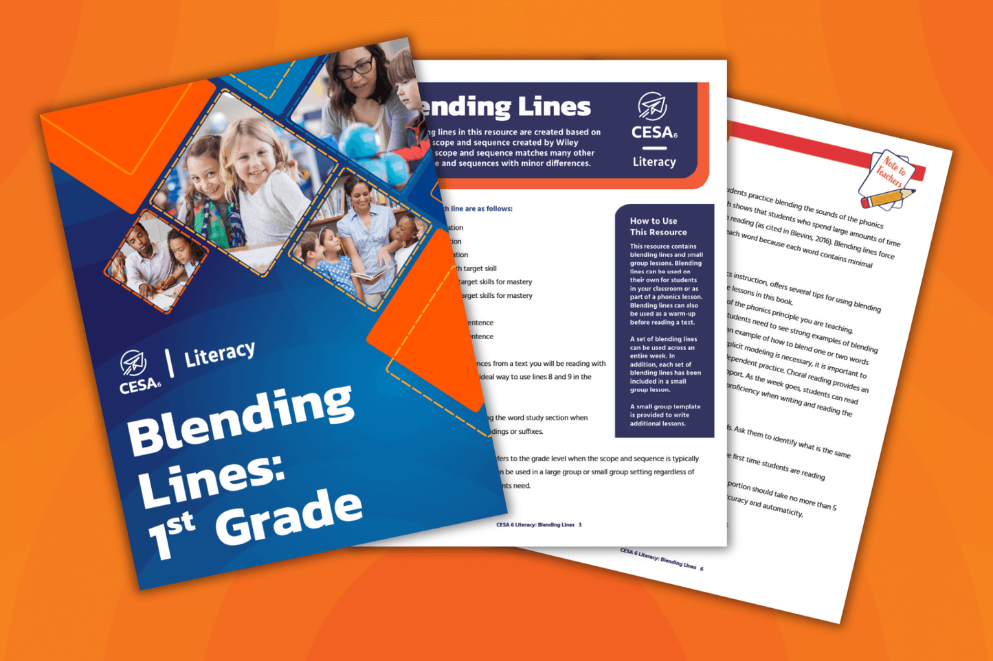 Three pages from the CESA 6 “Blending Lines: 1st Grade” literacy resource are displayed against an orange background. The front cover features the CESA 6 logo and images of educators and young students engaged in learning. The inner pages include phonics lesson strategies, small group instruction tips, and a “How to Use This Resource” sidebar. One corner of the top page shows a “Note to Teachers” section with a pencil graphic.