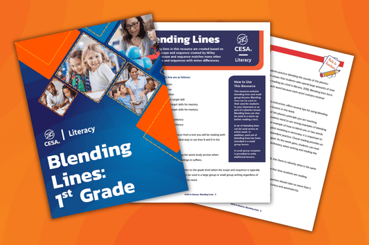 Three pages from the CESA 6 “Blending Lines: 1st Grade” literacy resource are displayed against an orange background. The front cover features the CESA 6 logo and images of educators and young students engaged in learning. The inner pages include phonics lesson strategies, small group instruction tips, and a “How to Use This Resource” sidebar. One corner of the top page shows a “Note to Teachers” section with a pencil graphic.