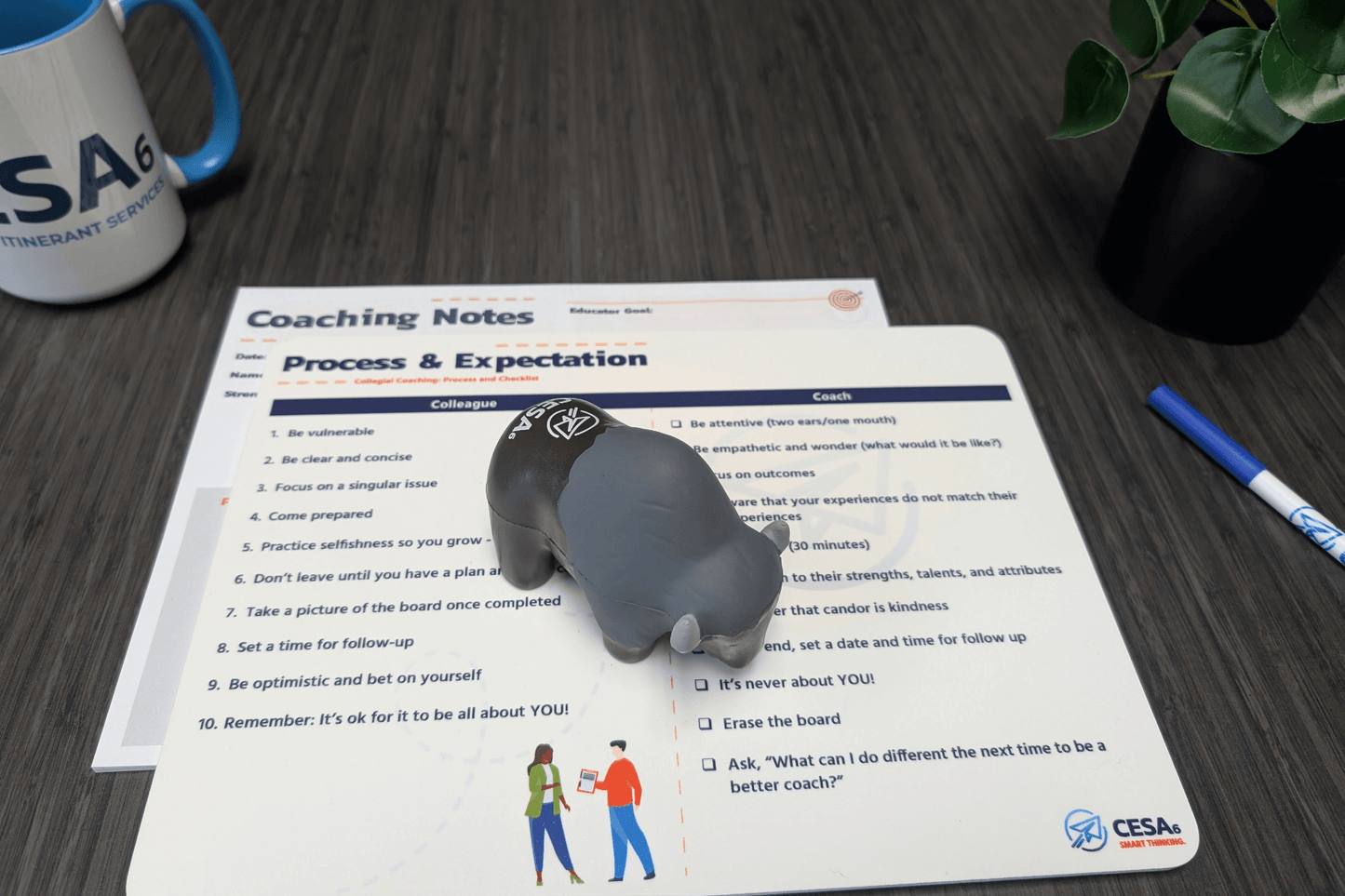 A buffalo-shaped stress reliever featuring the CESA 6 logo sits on top of a coaching notes sheet labeled “Process & Expectation” on a dark wood desk. The sheet lists steps for both colleagues and coaches to follow during coaching sessions. A white CESA 6 coffee mug, a blue and white dry-erase marker, and a black planter with green leaves are also visible.