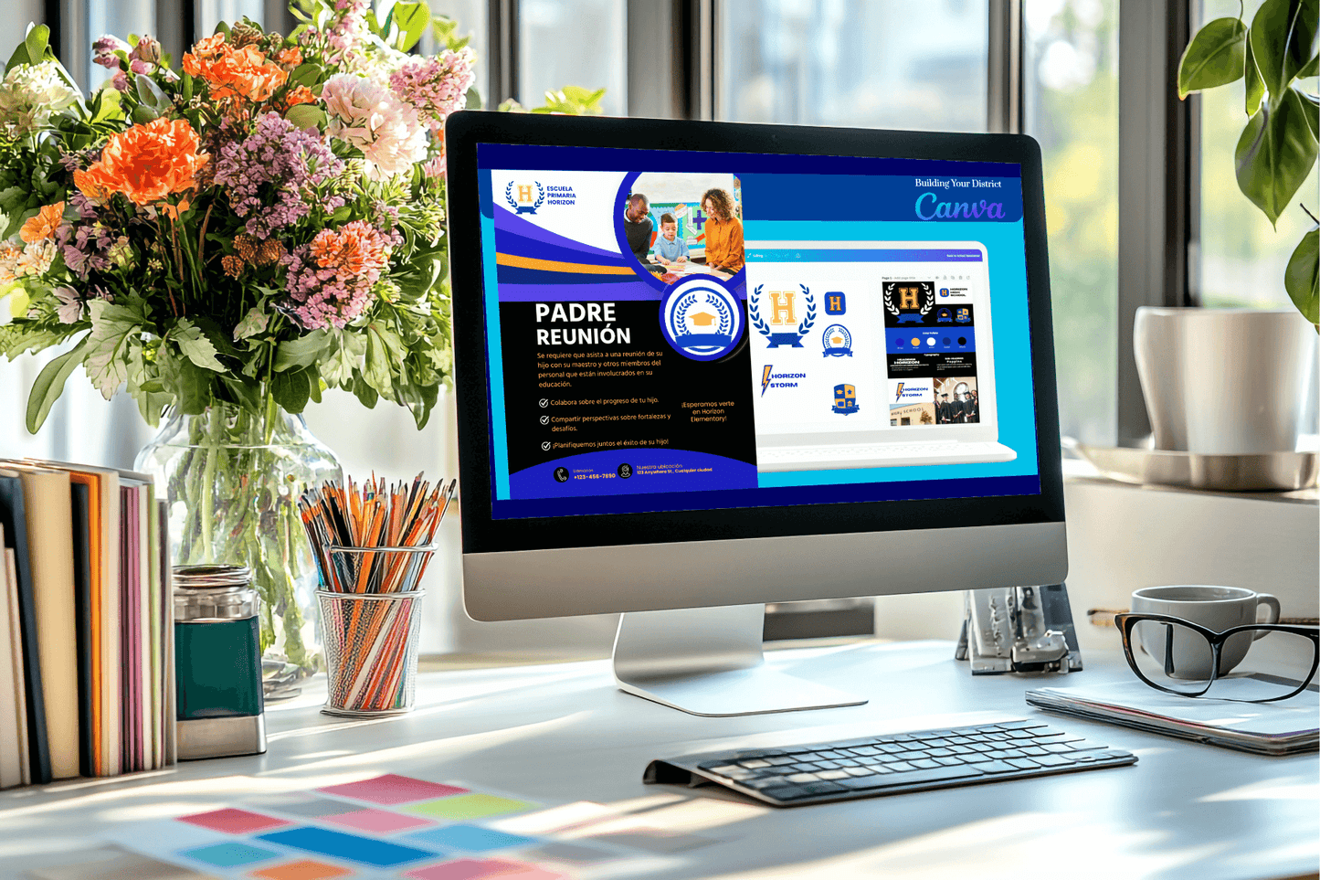 A bright workspace with a computer displaying a vibrant flyer titled "Padre Reunión." Nearby, colorful flowers, pencils, and glasses create an inviting atmosphere.