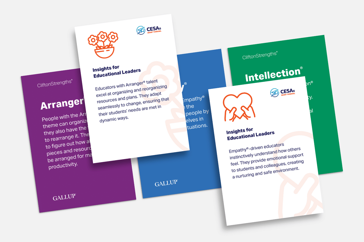 This image shows a set of educational leadership insight cards from Gallup’s CliftonStrengths® and CESA 6, featuring three different strengths themes: Arranger® (purple), Empathy® (blue), and Intellection® (green). The layout pairs Gallup’s foundational strengths descriptions with practical educational applications, tailored for school leaders. Each card includes icons and the CESA 6 logo.