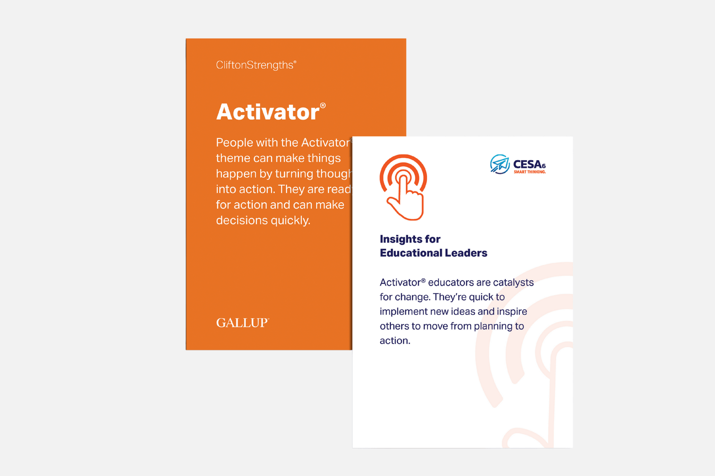 Front and Back of the CliftonStrengths® theme "Activator®" card. The cards are co-branded with Gallup and CESA 6. This orange Influencing card gives a definition and insights for Educational Leaders.