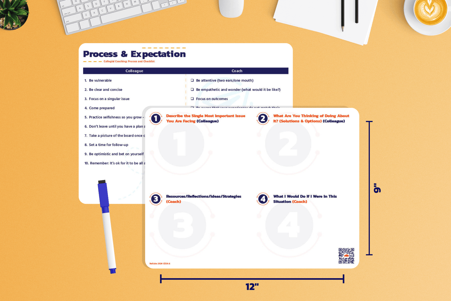 A coaching whiteboard with a "Process & Expectation" checklist for colleagues and coaches, featuring sections for discussing key issues, solutions, and strategies. The board includes a QR code to the Smart Thinking Podcast and is accompanied by a pen, keyboard, and coffee cup on an orange background.