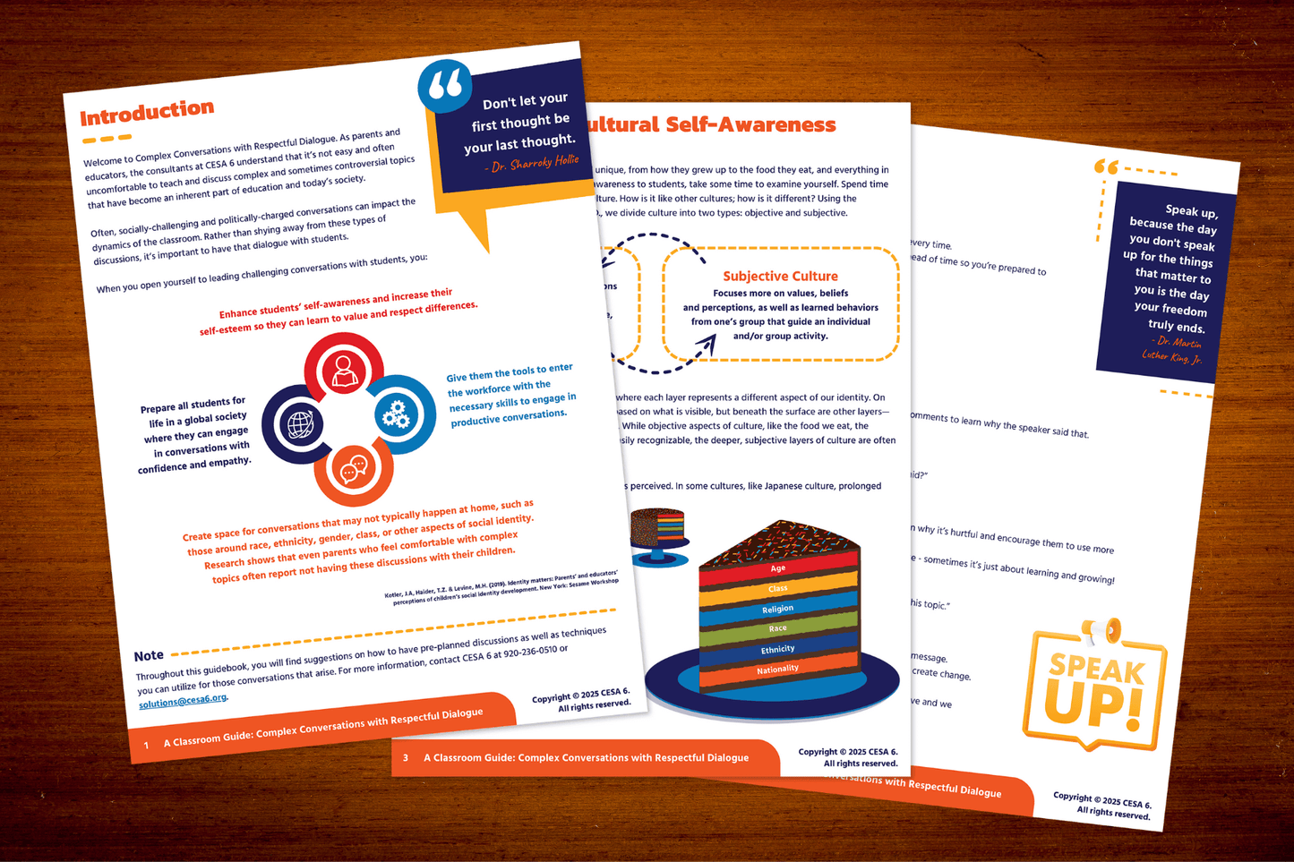 Three educational pamphlets with colorful graphics on cultural awareness and dialogue are spread across a wooden table. They feature quotes, charts, and icons.