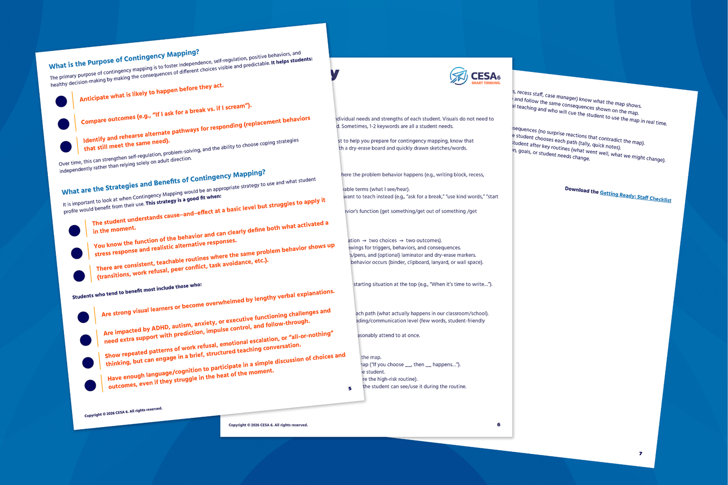Three overlapping documents on contingency mapping against a blue background. The first page highlights purposes and strategies, using bullet points in dark orange and blue text. The documents convey educational and supportive themes for managing behavior effectively. Last page displays link Getting Ready: Staff Checklist link to the editable resource.