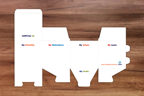 A flat, unassembled box template with sections labeled "My Priorities," "My Motivations," "My Values," "My Loves," "My Strengths," and "My Faults," with the CESA logo.