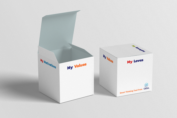 Two white boxes labeled "My Motivations," "My Values," "My Strengths," and "My Loves," with the CESA logo, one box open.