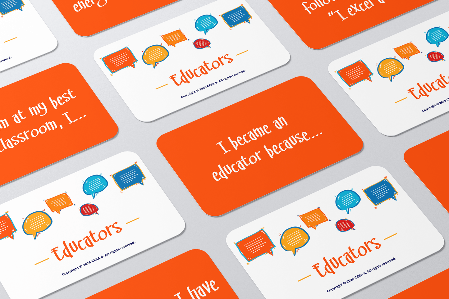 Cue_the_Conversation_For_Educators cards are scattered on a surface, featuring colorful speech bubbles and text like "Educators" and "I became an educator because…" on vibrant backgrounds.