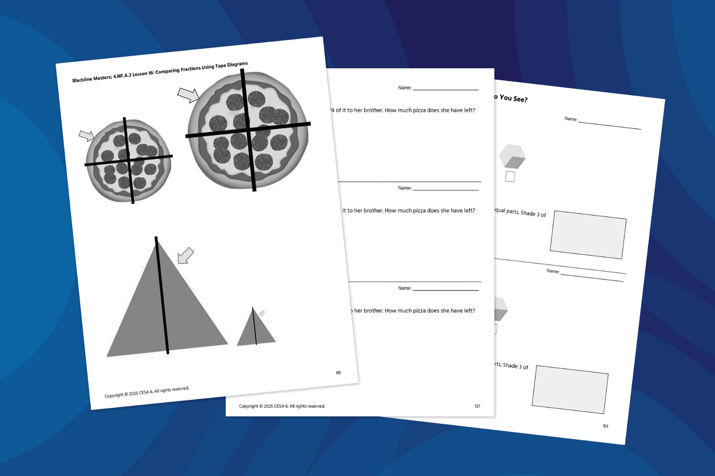 Three math worksheet pages are displayed on a blue patterned background. The left page shows a visual comparing fractions with images of two pizzas divided into fourths and two green triangles split into equal parts. The middle page contains word problems about fractions, with blank lines for student answers. The right page includes diagrams of shapes, such as a hexagon and a rectangle, with directions to shade fractional parts.