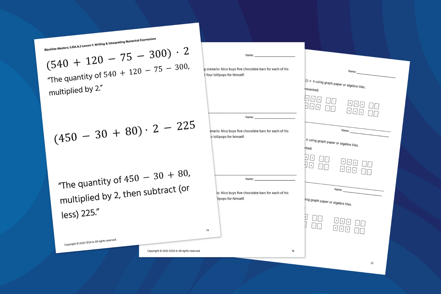 Three workbook pages from the Middle School Intervention Program Teacher Guide: Expressions & Equations are displayed. The first page shows large numerical expressions such as
(
540
+
120
−
75
−
300
)
⋅
2
(540+120−75−300)⋅2 with accompanying written explanations in words. The second page contains word problems, including one where Nico buys five chocolate bars for each friend and four lollipops for himself, with space for students to solve. The third page has algebra tile diagrams and graph paper models.