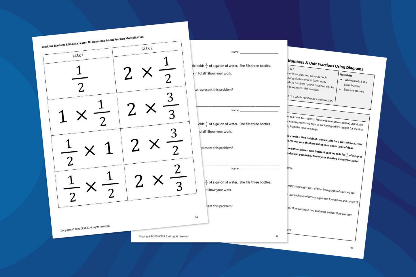 Three open workbook pages from the Middle School Intervention Program Teacher Guide: Fraction Multiplication & Division are displayed. The first page shows practice cards with fraction multiplication problems such as
1
2
×
1
2
1
×1,
2
×
1
2
2×
2
1
, and
2
×
3
2
2×
2
3
. The second page has word problems involving fractions, asking students to solve and show their work. The third page contains lesson instructions titled Multiplying Whole Numbers & Unit Fractions Using Diagrams, with a material