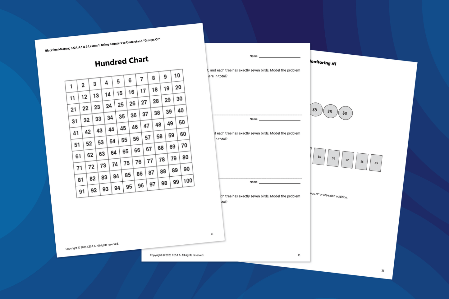 Three math activity worksheets are spread out on a blue background. The left page displays a Hundred Chart with numbers 1 through 100 arranged in a grid. The middle page contains a word problem about birds in trees with space for students to model and solve. The right page includes math visuals showing circles labeled with dollar amounts and boxes with repeated values, illustrating grouping and repeated addition concepts.