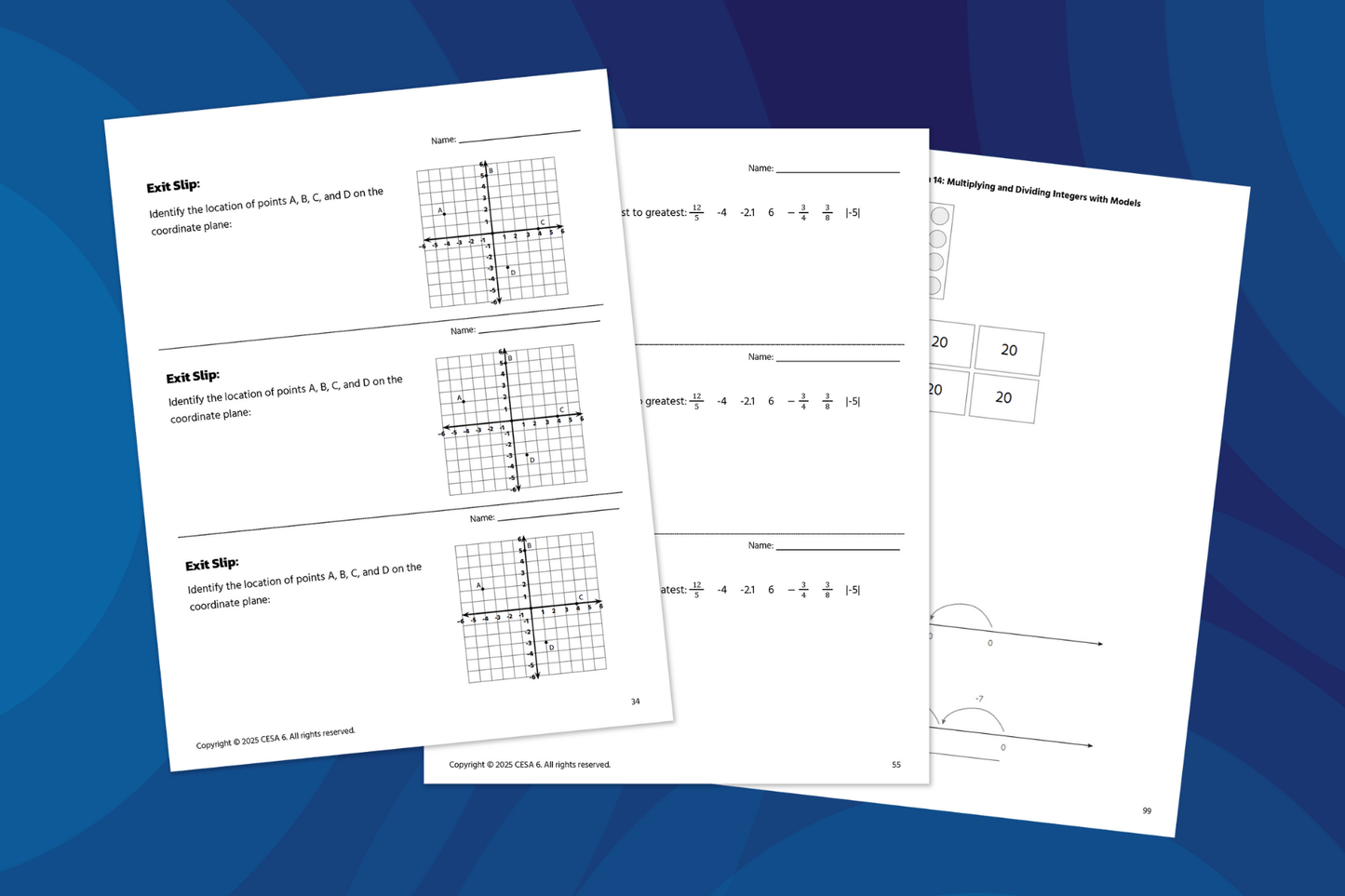 Three printed math workbook pages are displayed against a blue background. The left page includes coordinate plane graphs labeled "Exit Slip," asking students to identify the locations of points A, B, C, and D. The middle page presents number system practice, including ordering fractions, decimals, and integers with space for student responses. The right page shows integer operations using models, including number line diagrams and rectangular boxes labeled with numbers.