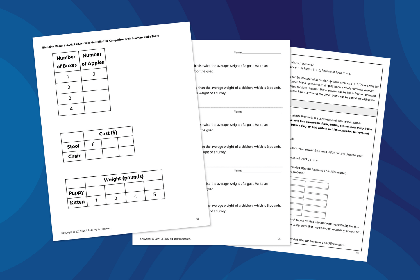 Three printed math workbook pages are displayed against a blue background. The left page shows tables for practicing multiplicative comparisons with numbers of apples, costs of stools and chairs, and weights of puppies and kittens. The center page includes word problems with blank spaces for student responses. The right page presents additional math problems, diagrams, and instructional prompts.