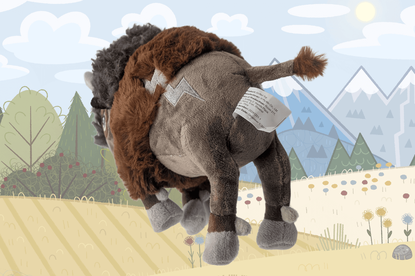 This image shows the back view of a plush buffalo toy named Duke, set against a softly illustrated mountain meadow with trees, flowers, and mountains in the background. The plush features textured brown and gray fur, with a fluffy tail and curly mane visible from behind. A zigzag lightning bolt patch is stitched on Duke’s side, and a white manufacturing tag is attached near the tail.