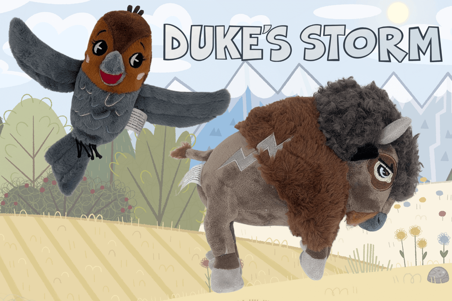 A playful promotional image for Duke’s Storm features two plush characters in the foreground: a soft gray and brown bird with outstretched wings and a cheerful face, and a brown and gray buffalo with a curly mane, lightning bolt patch, and determined expression. The background shows an illustrated nature scene with grassy fields, trees, and snow-capped mountains under a blue sky with clouds. The title “DUKE’S STORM” appears in large, bold letters across the top.