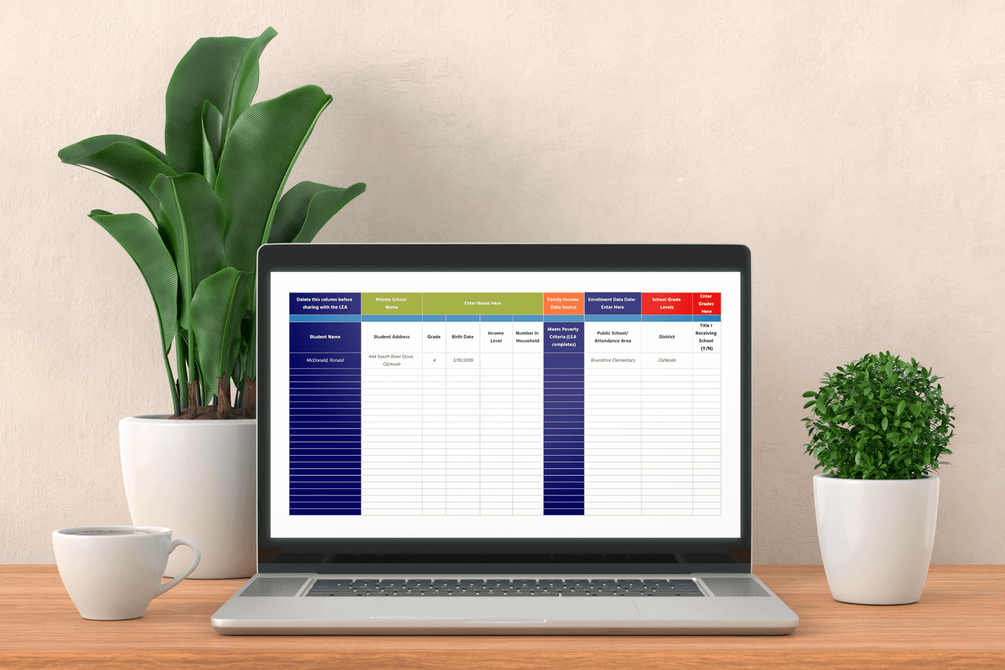A laptop on a wooden desk displaying a data collection spreadsheet with columns for student information, private school details, income level, and more. The desk is decorated with a coffee cup and two potted plants, set against a beige wall.