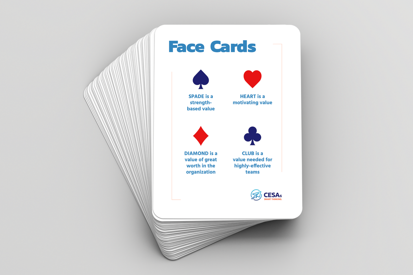 The Face Cards Directions state that the navy SPADE is a strength-based value, the red HEART is a motivating value, the red DIAMOND represents a value of great worth in the organization, and the navy CLUB is a value needed for highly-effective teams.
