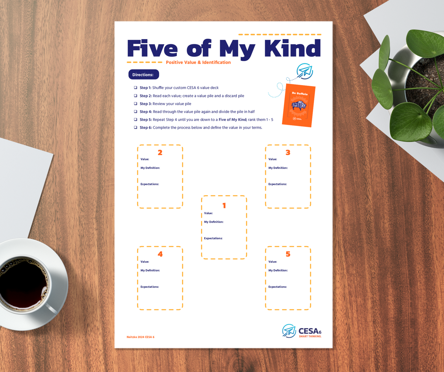 The printed version of the "Five of My Kind" worksheet with steps for identifying and defining personal values, accompanied by a "Be Buffalo" card deck and a cup of coffee.