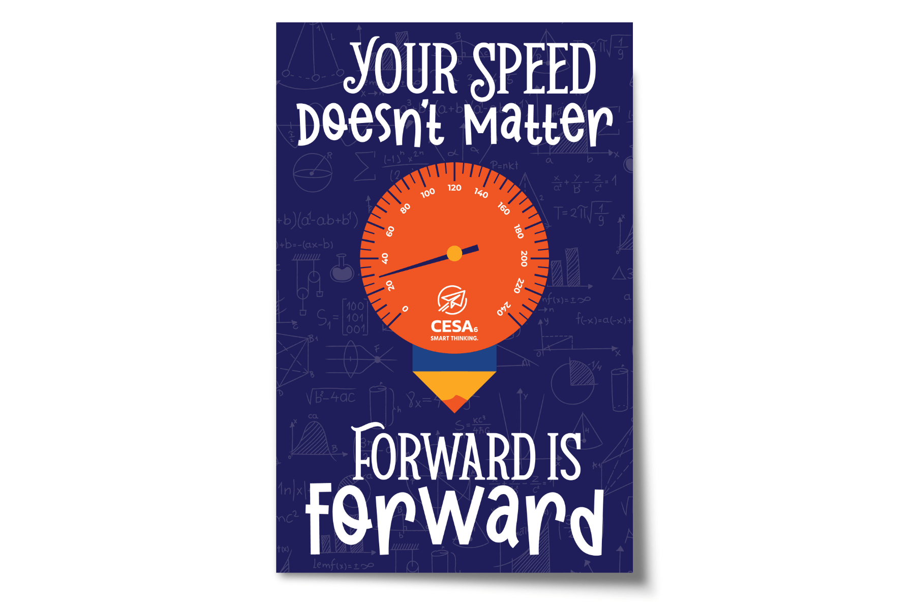 A motivational poster with a dark blue background filled with math symbols and equations. At the center is an orange speedometer-style graphic with the CESA 6 logo, shaped like a pencil point at the bottom. The text reads: “Your speed doesn’t matter. Forward is forward.”
