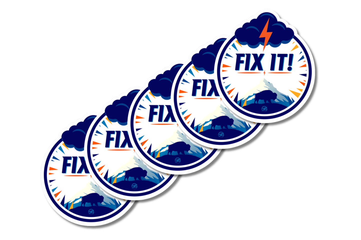 Five overlapping “Fix It!” stickers featuring a storm cloud and orange lightning bolt above bold navy lettering, with a buffalo walking toward mountains below.