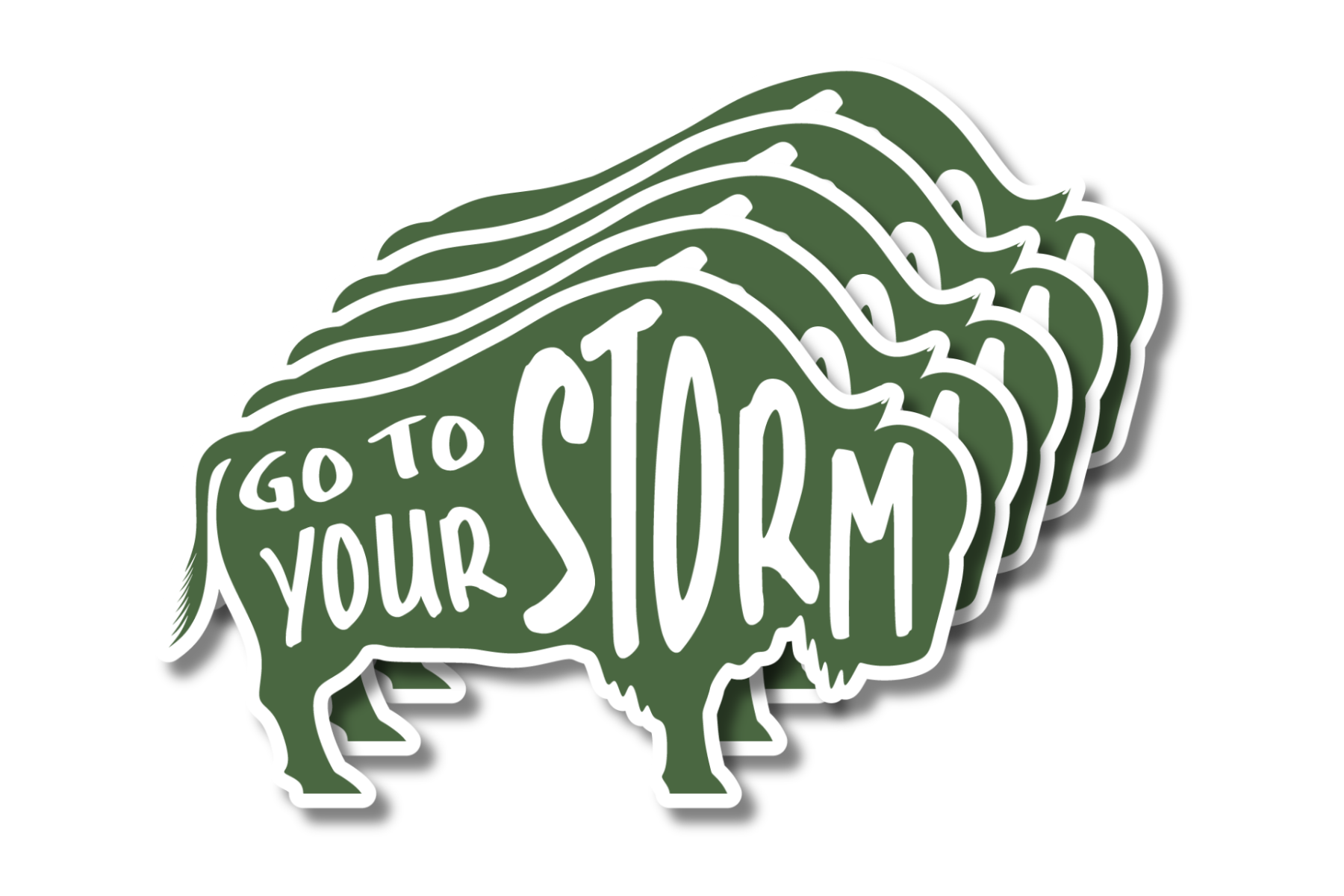 Green with White Text Colored Buffalo Pack of Stickers- 5 stickers displayed with text displaying "Go to Your Storm"