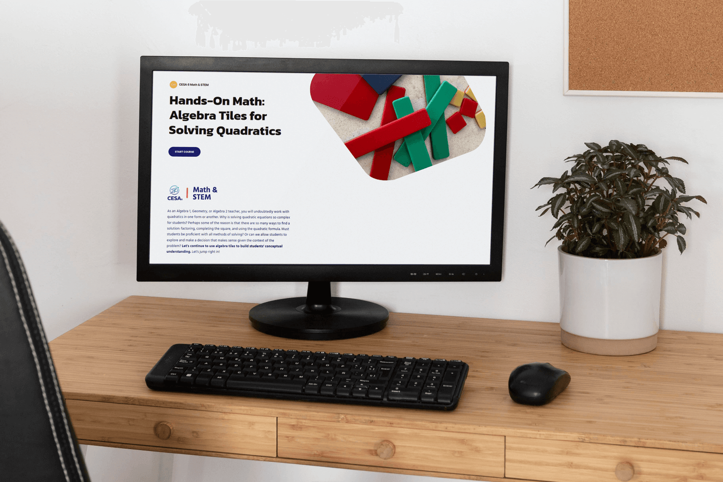A computer monitor on a wooden desk displays a webpage titled "Hands-On Math: Algebra Tiles for Solving Quadratics," with colorful tiles. A keyboard, mouse, and potted plant are visible nearby.