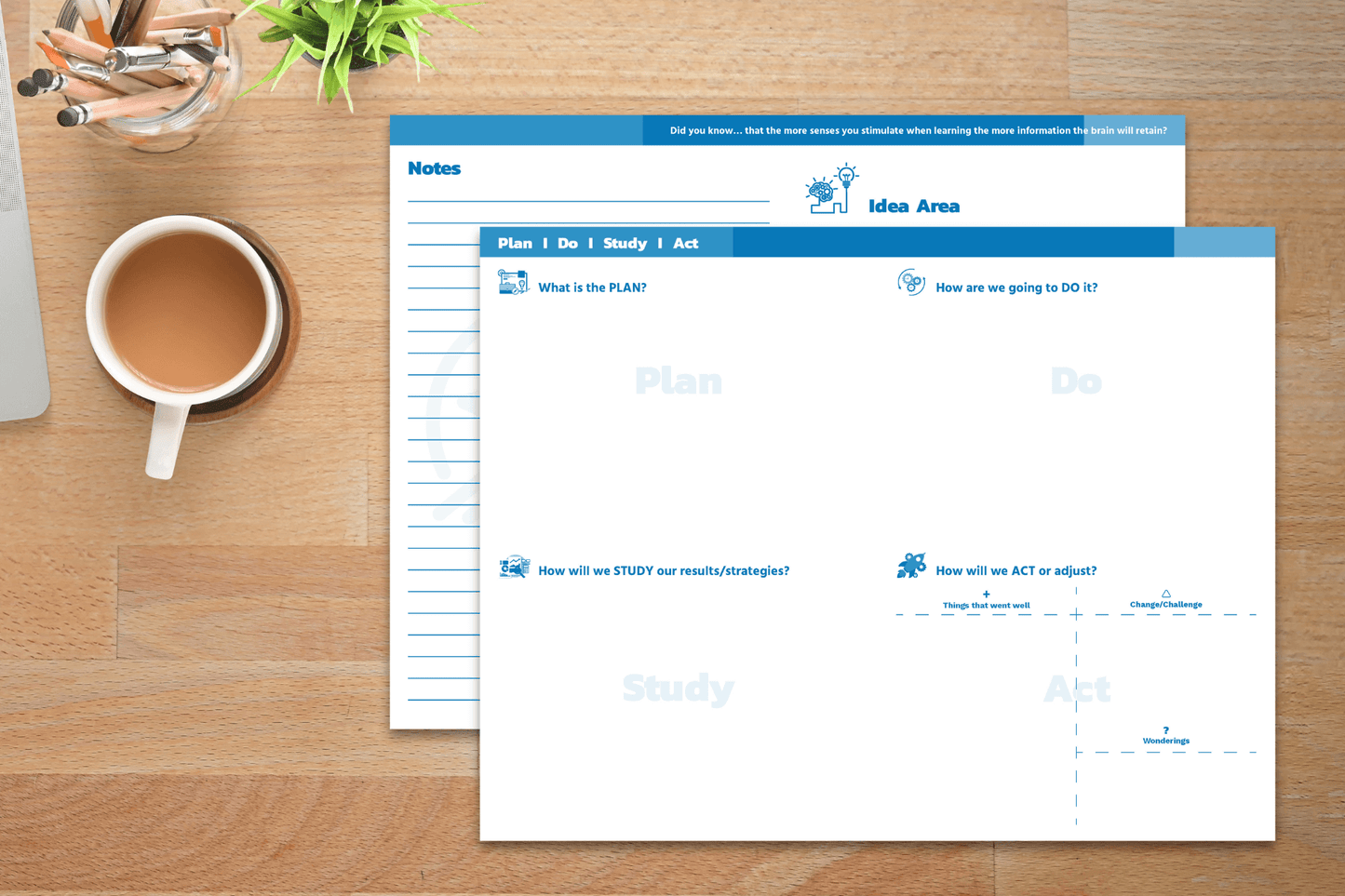 Two light blue Smart Thinking notepad pages sit on a wooden desk with a cup of coffee and office supplies, showing sections for notes, idea area, and a Plan-Do-Study-Act grid.