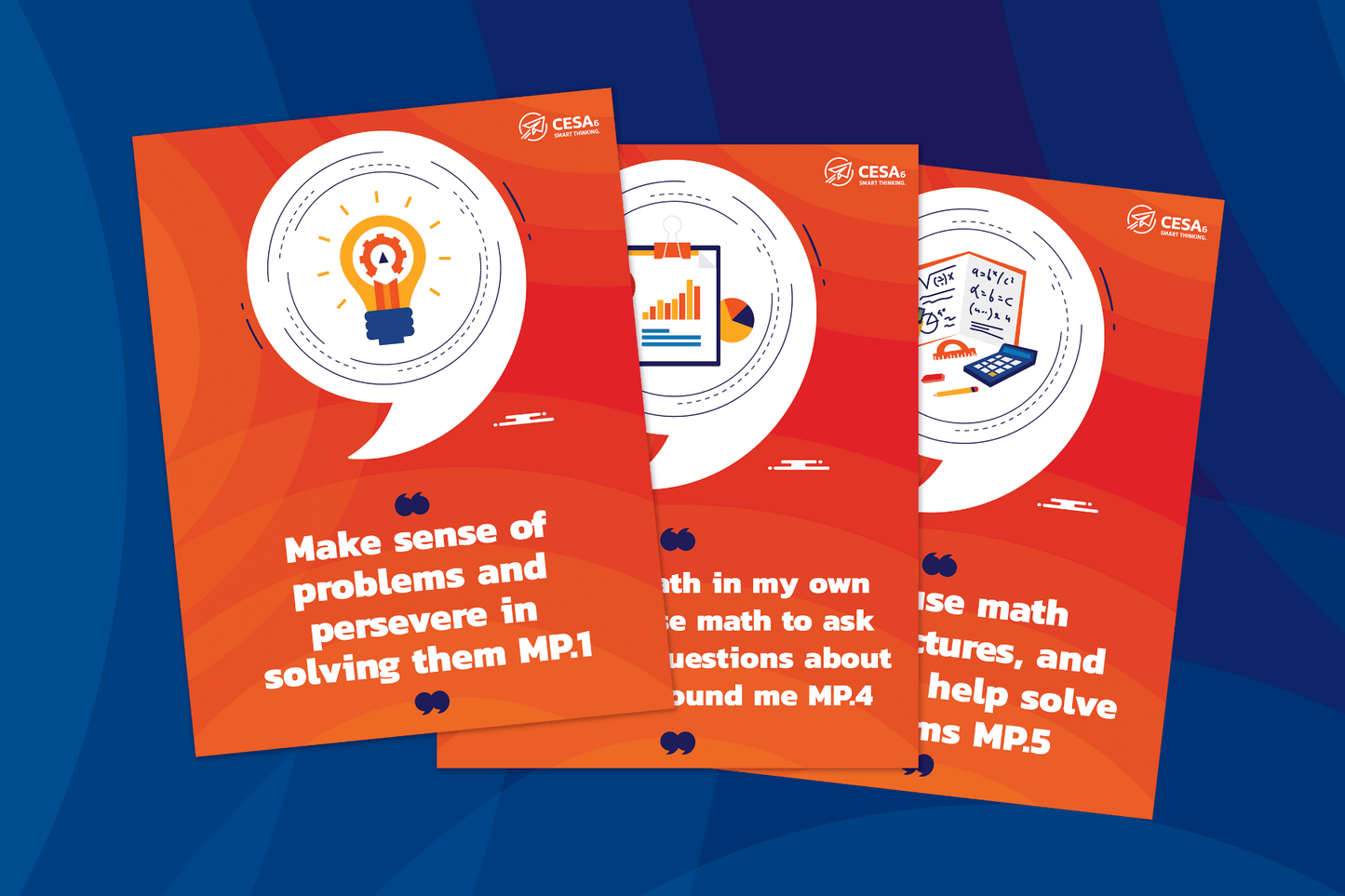 Three brightly colored CESA 6 posters are shown against a blue background, each featuring an individual Math Practice Standard (MP) for middle and high school students. The posters have an orange-to-red gradient background with large white speech bubbles and illustrations. The right poster features MP.1, the middle features MP.4, and the right poster features MP.5.