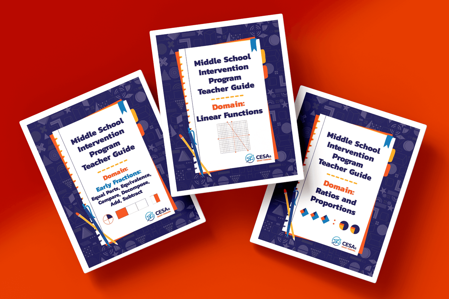 Three teacher guides from the Middle School Intervention Program are displayed against a red background. The covers feature colorful notebook-style designs with math visuals. The guides are labeled with different domains: Early Fractions, Linear Functions, and Ratios and Proportions.