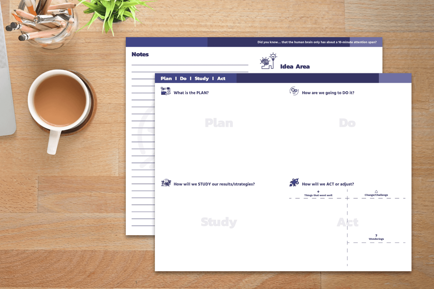 Two navy blue Smart Thinking notepad pages sit on a wooden desk with a cup of coffee and office supplies, showing sections for notes, idea area, and a Plan-Do-Study-Act grid.