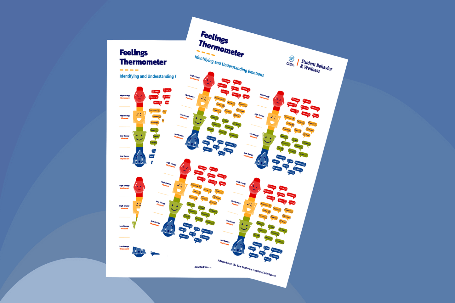The image shows two sheets of “Feelings Thermometer” charts from CESA 6’s Student Behavior & Wellness division. Each sheet includes four small versions of the thermometer-style emotion chart.
