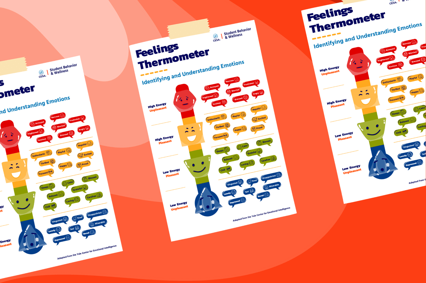 The image shows three sheets of “Feelings Thermometer” charts from CESA 6’s Student Behavior & Wellness division.