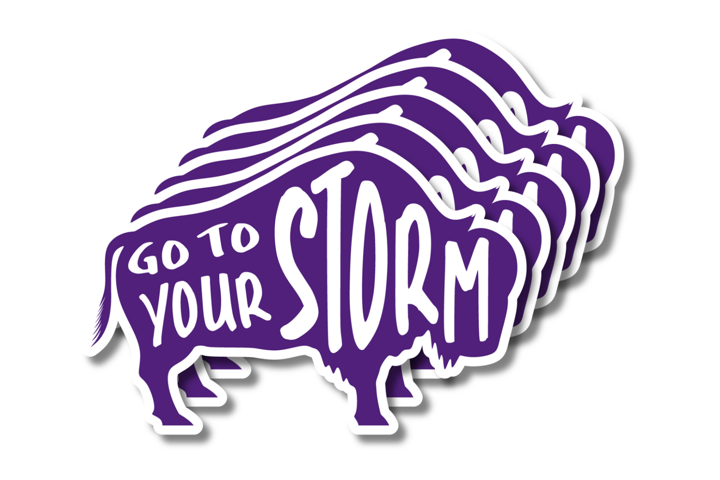 Purple with White Text Colored Buffalo Stickers- 5 stickers displayed with text displaying "Go to Your Storm"