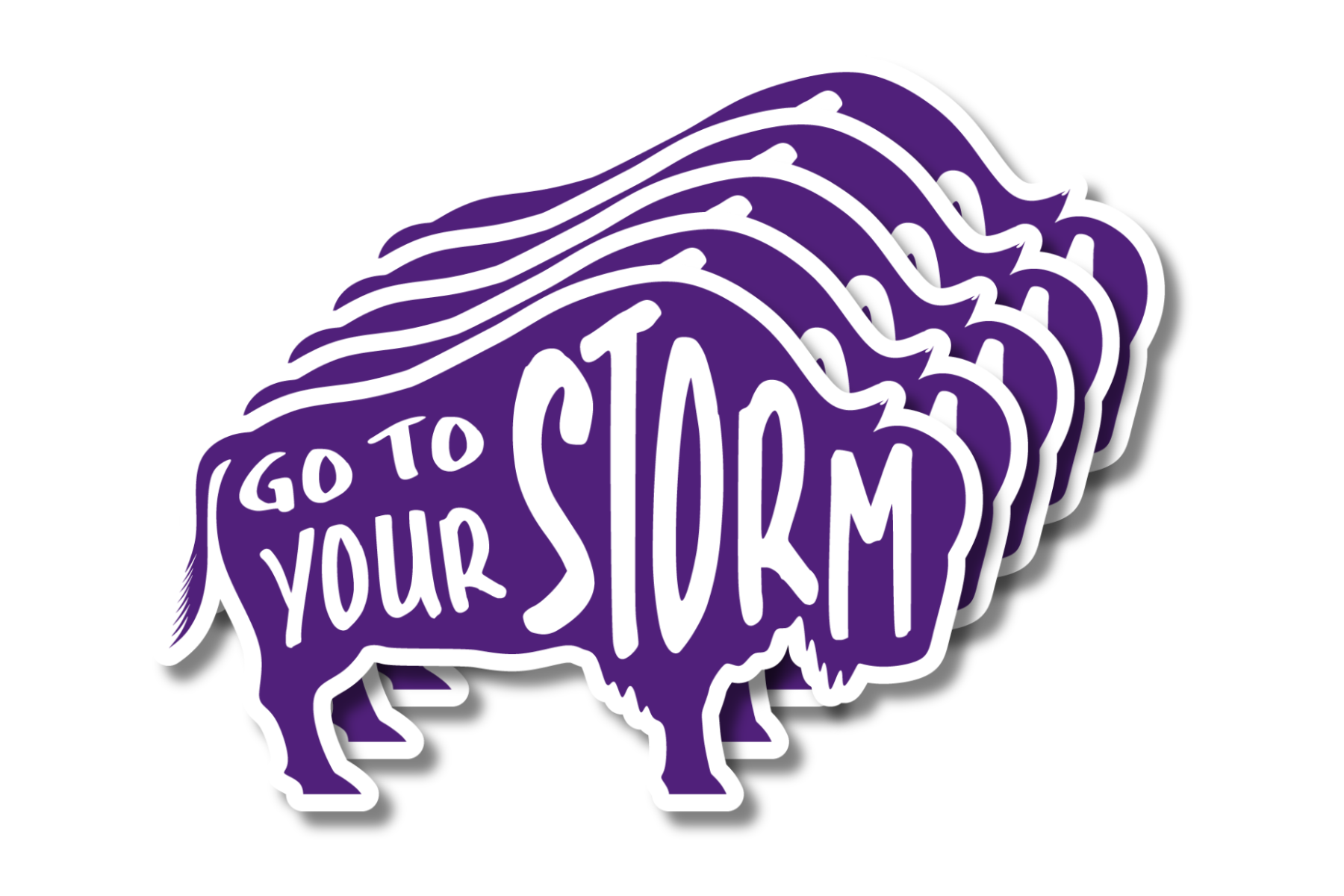 Purple with White Text Colored Buffalo Stickers- 5 stickers displayed with text displaying "Go to Your Storm"