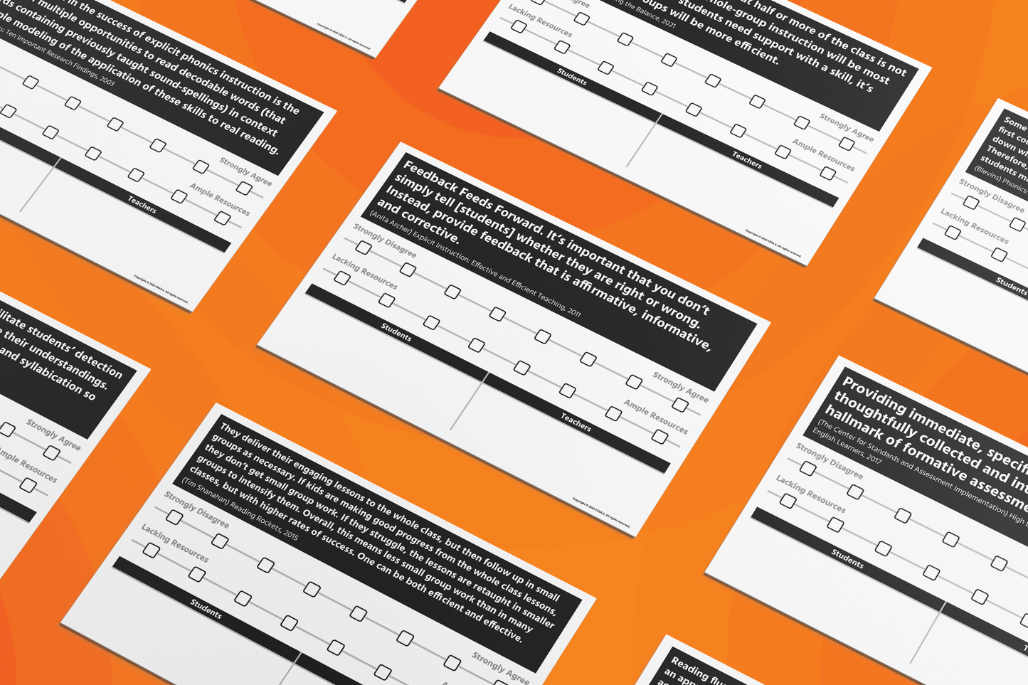 Scattered white chart posters on an orange background, each with and educational prompt, text and rating scales featuring checkboxes, and a t-chart.