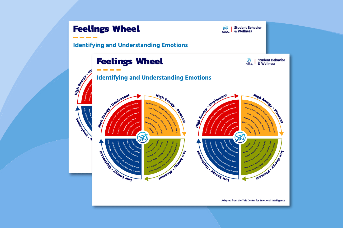 The image displays two copies of the "Feelings Wheel" from the CESA 6 Student Behavior & Wellness division. Each sheet includes two versions of the circular wheel graphic-style emotion chart.