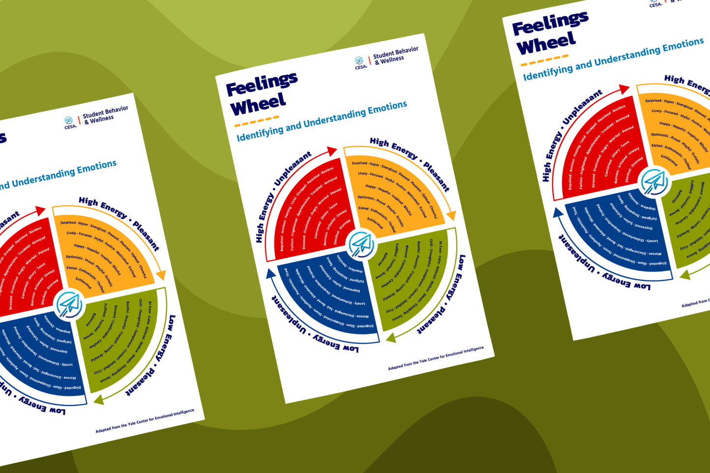 The image displays three copies of the "Feelings Wheel" from the CESA 6 Student Behavior & Wellness division.