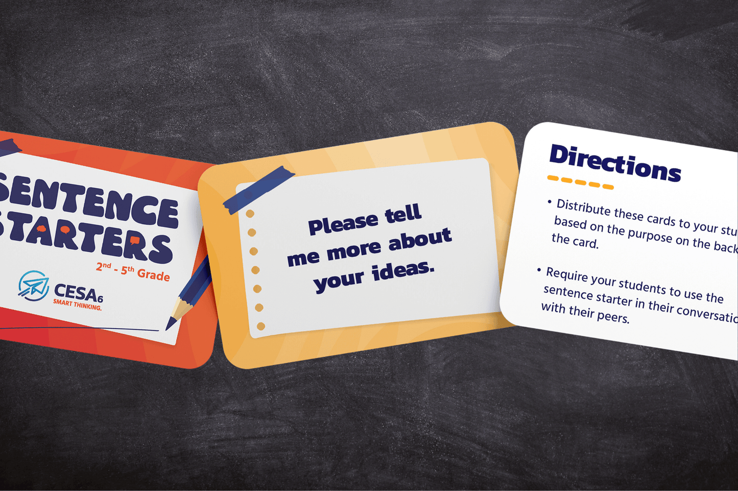 entence starter cards for grades 2-5 featuring high-contrast text, clear fonts, and structured prompts to support language development, inclusive communication, and accessible classroom engagement. Featuring the title card, and prompting card, and the directions card.