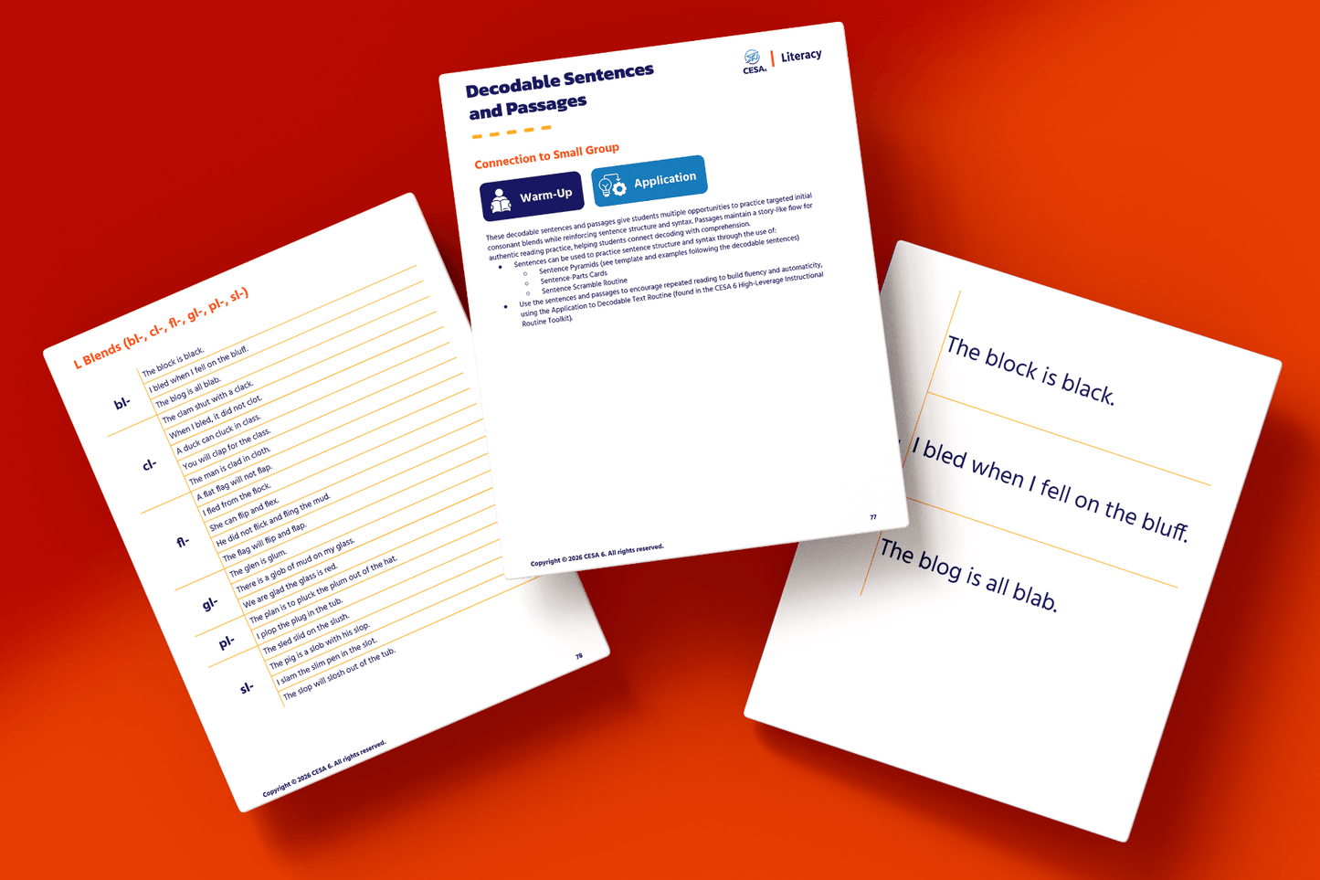 Three pages with decodable sentence exercises set against an orange background. The pages include phonics blends and simple sentences for literacy practice.