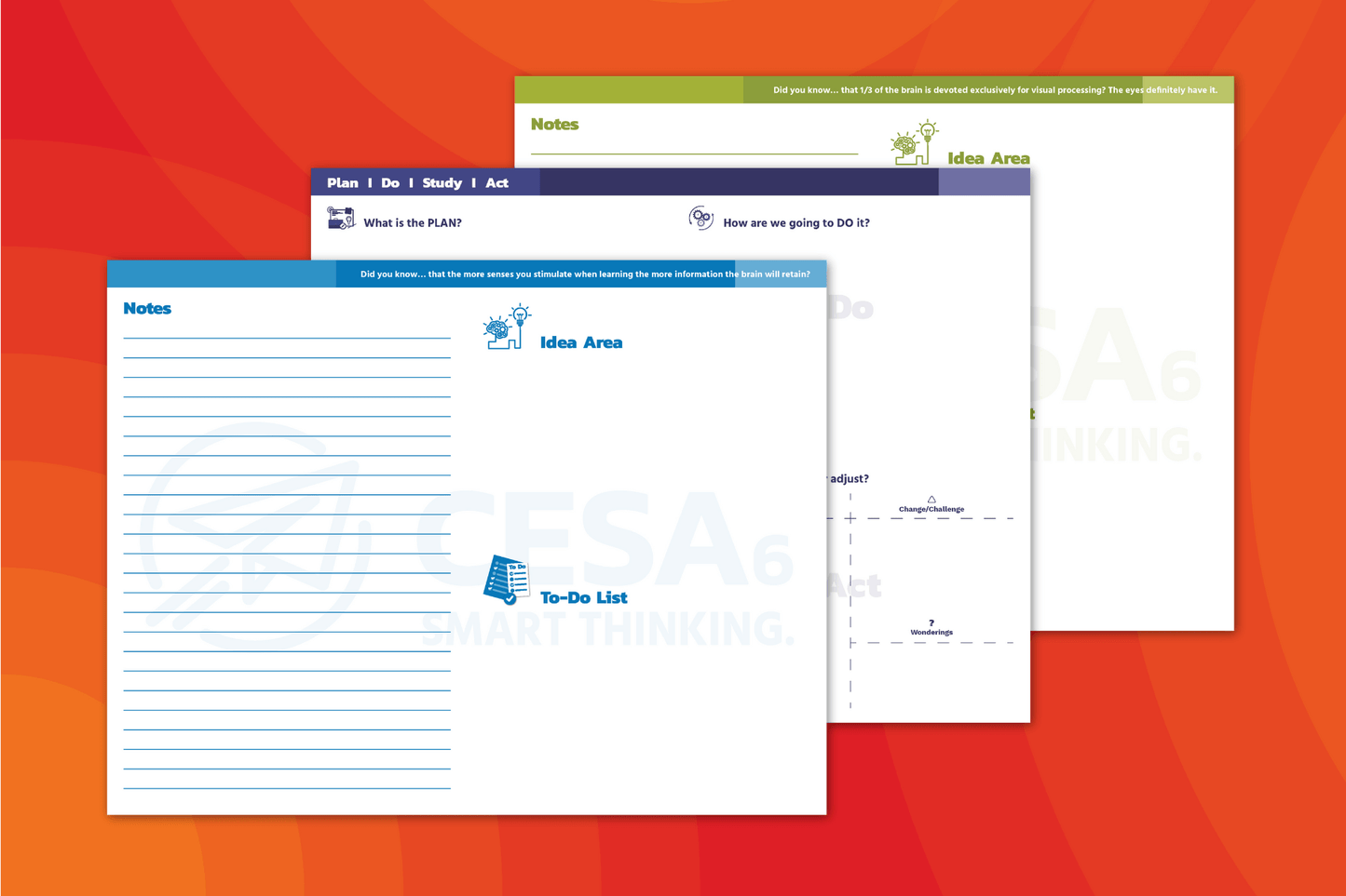 Three colorful Smart Thinking notepad pages are shown with sections for notes, idea area, to-do lists, and a Plan-Do-Study-Act grid.