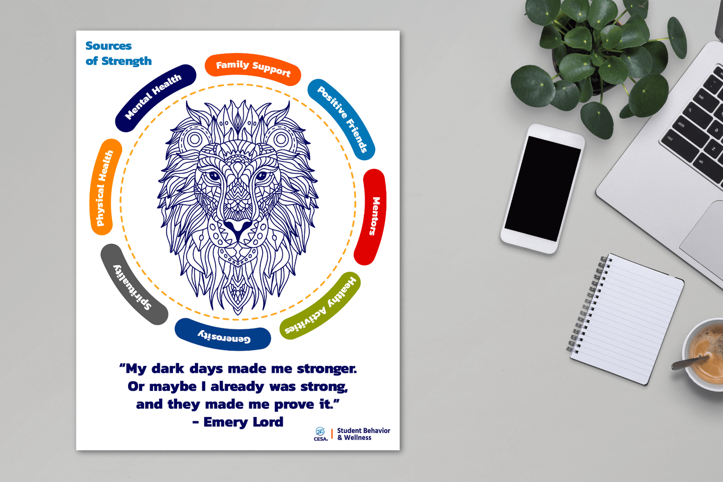Mandala of a lion and wellness words, titled “Sources of Strength.” Surrounding the lion illustration is a circular arrangement of eight wellness categories. At the bottom of the poster, there is a motivational quote in bold blue text:
“My dark days made me stronger. Or maybe I already was strong, and they made me prove it.”
— Emery Lord
The logo at the bottom reads: CESA 6 | Student Behavior & Wellness.