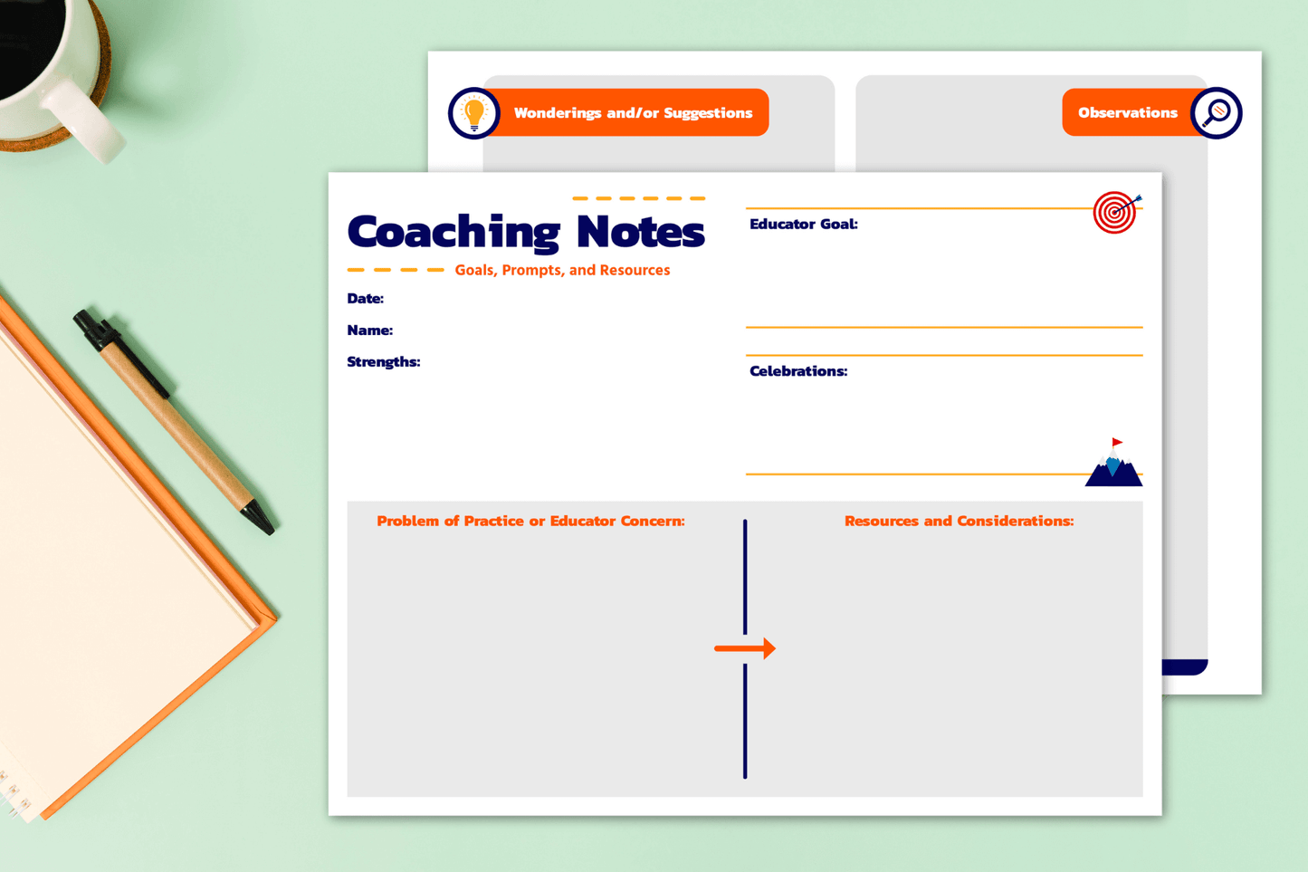 Two coaching note templates for educators are laid out on a light green surface. The top sheet is labeled "Coaching Notes – Goals, Prompts, and Resources" and includes sections for date, name, strengths, educator goal, celebrations, problem of practice, and resources. A pen and notepad are visible on the left, and part of a second form peeks out behind, labeled with "Wonderings and/or Suggestions" and "Observations."