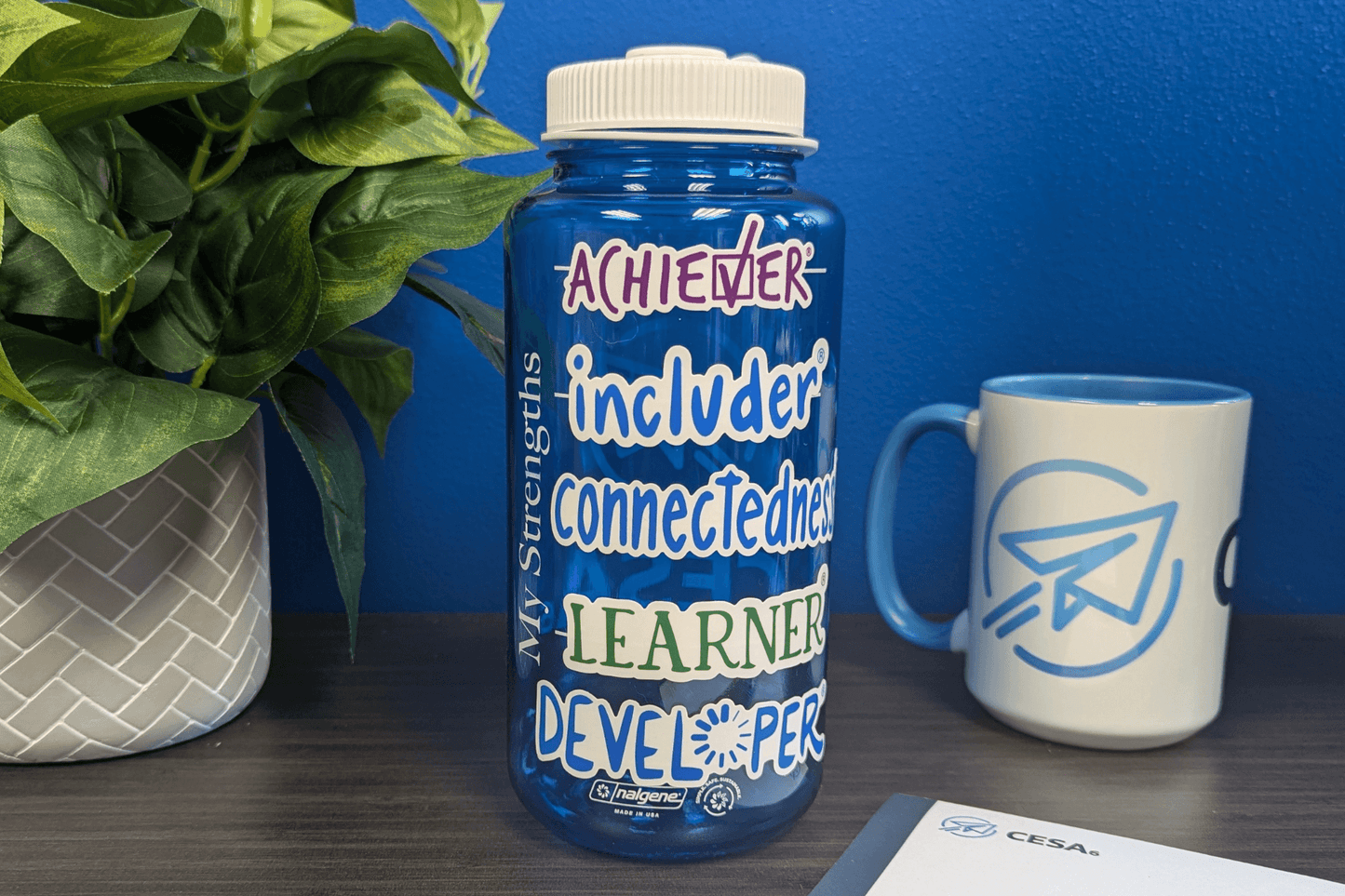Pictured is a Blue Relationships Strengths Water bottle with a person's top 5 strengths. Stickers are sold separately.