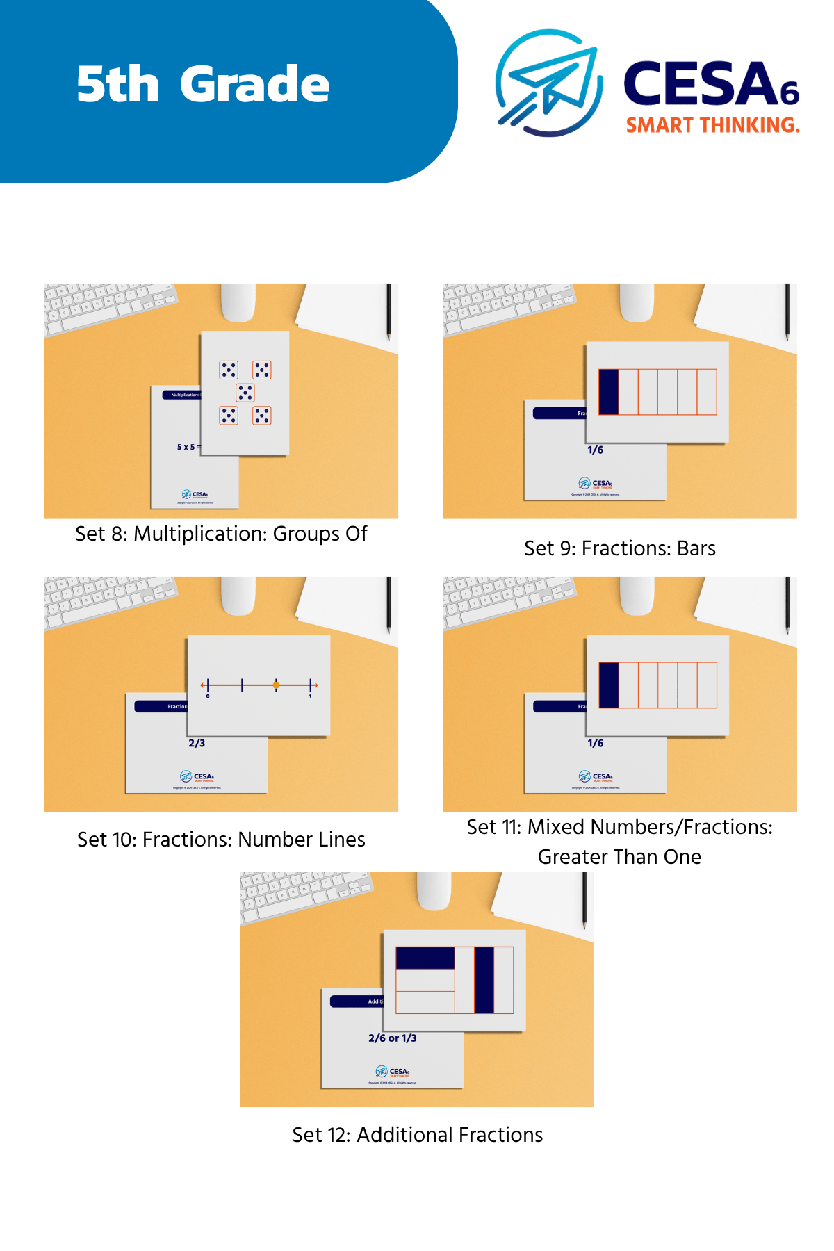 Educational Subitizing Cards display of the "5th Grade Bundle" by CESA 6. Sets cover multiplication, fractions, number lines, mixed numbers, and additional fractions.