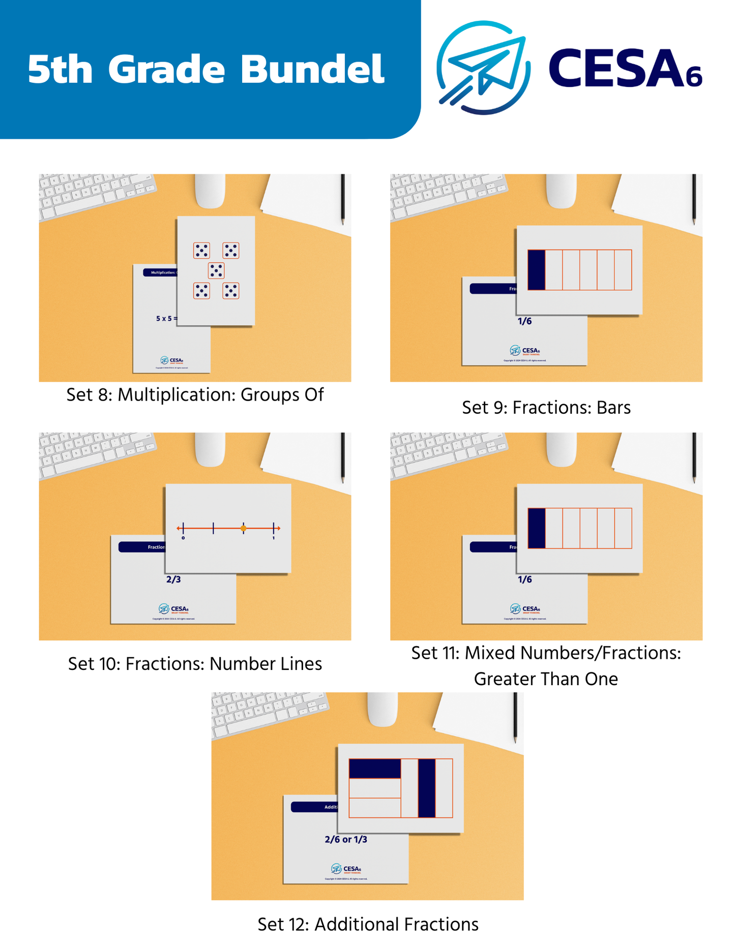 Educational Subitizing Cards display of the "5th Grade Bundle" by CESA 6. Sets cover multiplication, fractions, number lines, mixed numbers, and additional fractions.