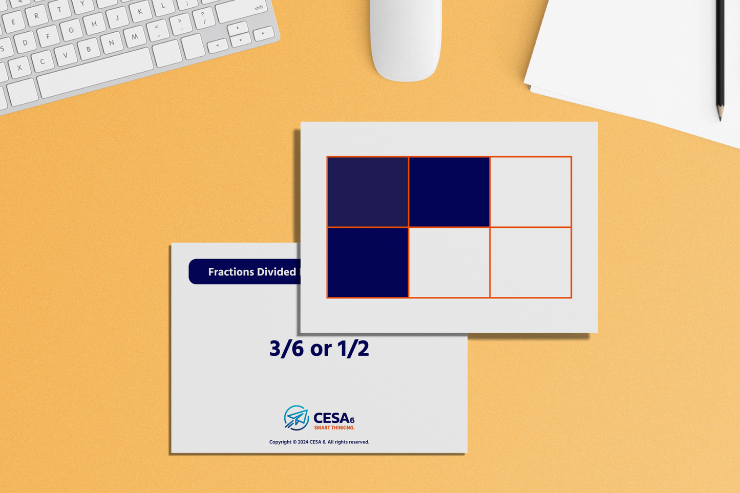 Set of educational flashcards illustrating fractions divided horizontally and vertically, including an example of 3/6 or 1/2, designed to help students understand fractional relationships and equivalency.